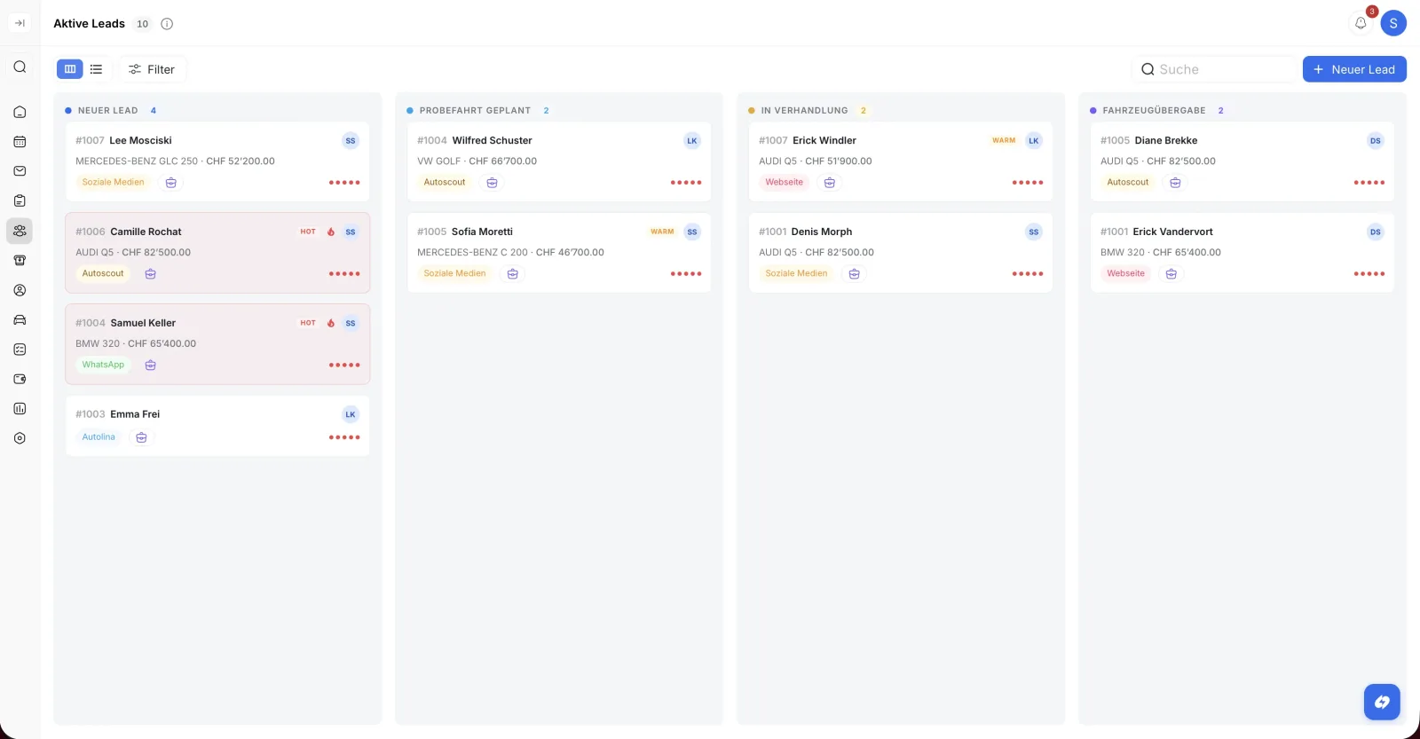 Swivex Autohaus CRM Dashboard – Übersicht über Leads, Fahrzeuge und Kunden